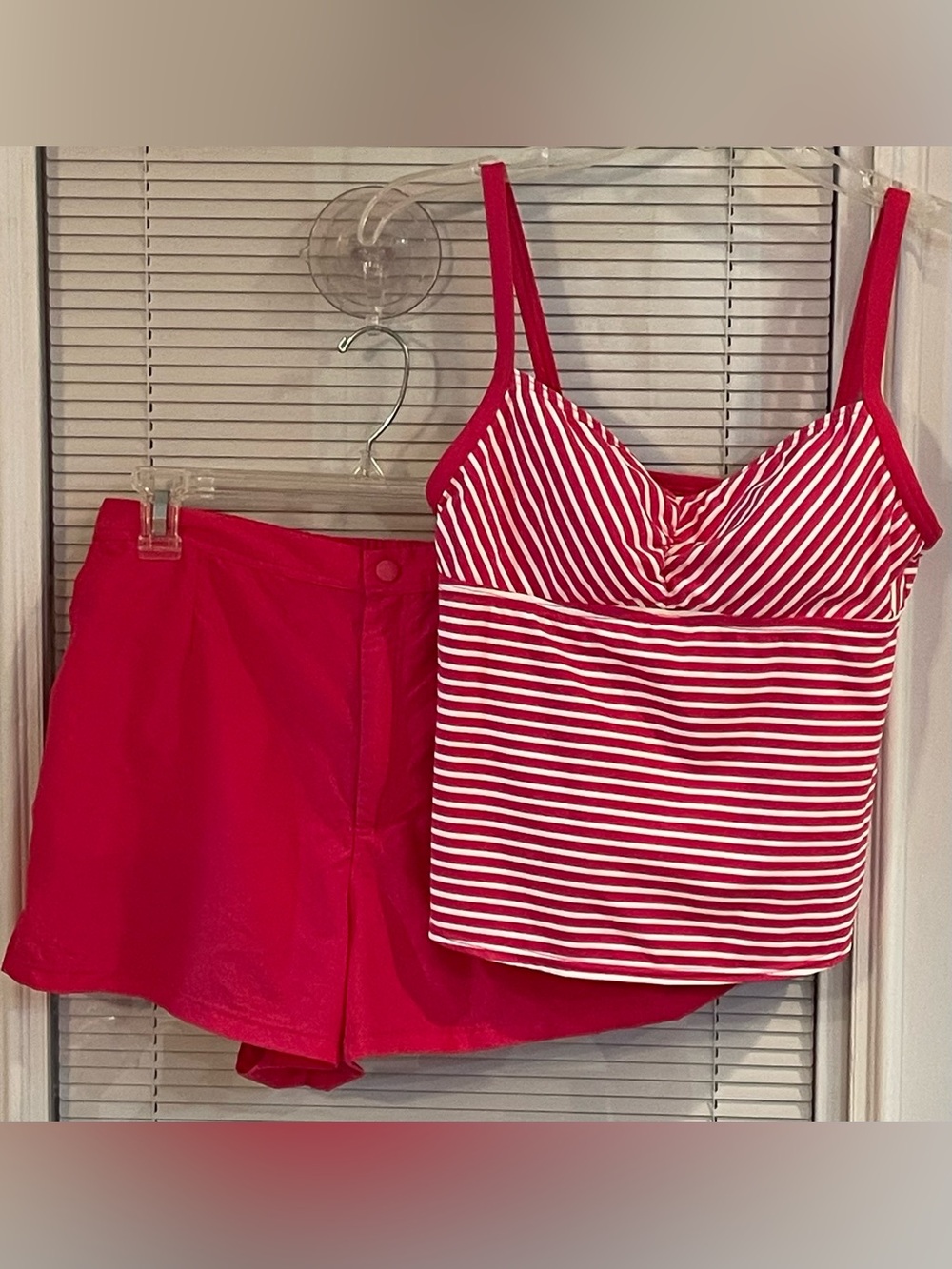 Lands' End Cherry Pink and White Striped Tankini Top with Swim Shorts